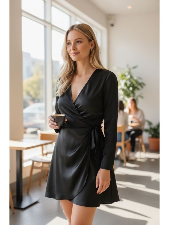 PrettyLittleThing Dresses & Skirts - PrettyLittleThing Womens Black Wrap Front Long Sleeve Tunic Dress Size 12